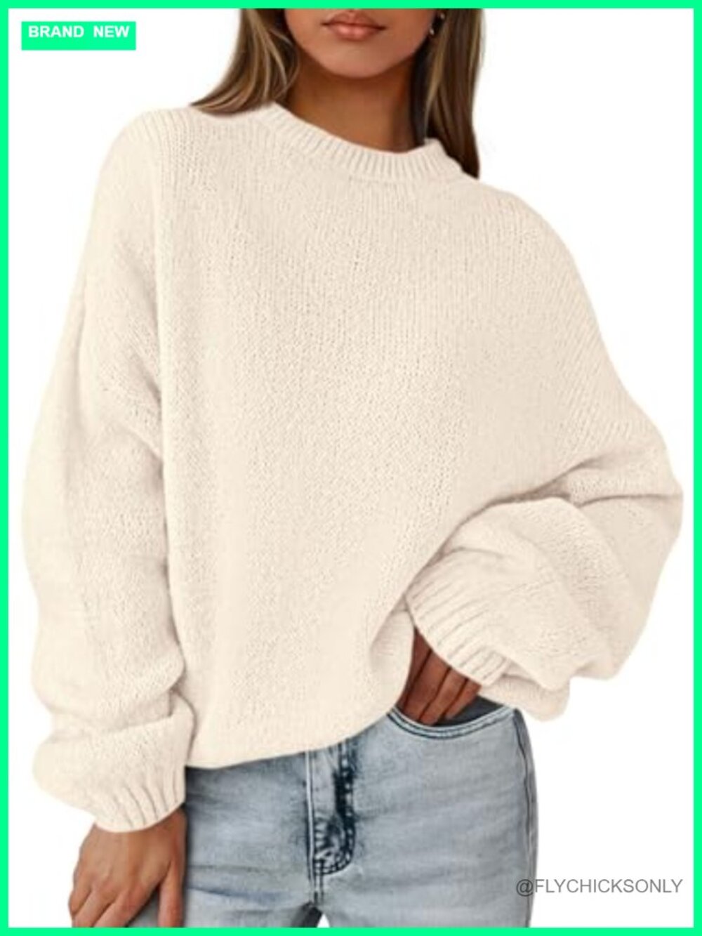 Oversized Chunky Knit Pullover Sweater Drop Shoulder Lantern Sleeve